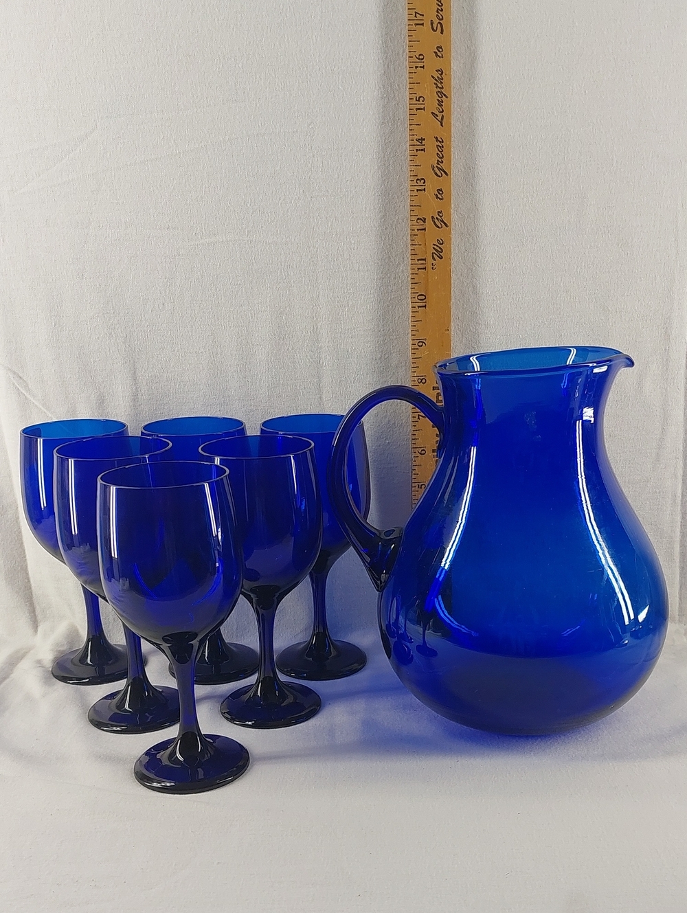 Cobalt Blue Glass Pitcher and Stemmed Goblet Set